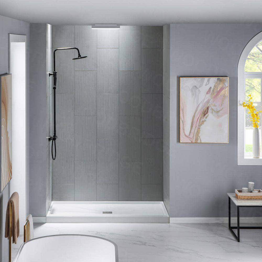 WOODBRIDGE 48 in x 32 in Solid Surface Single Threshold Center Drain Shower Pan with Stainless Steel Linear Cover in White