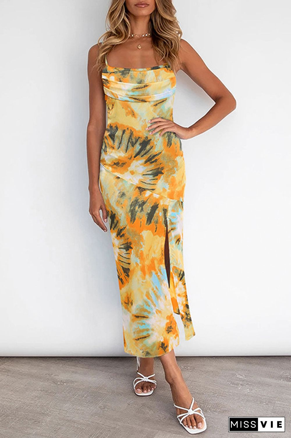 Elegant Print Split Joint Slit Strapless Sling Dress Dresses