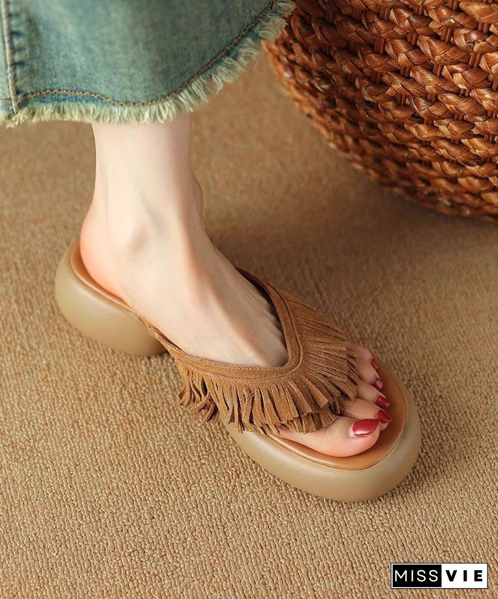 Brown Chunky Suede Boutique Tassel Splicing Slide Sandals