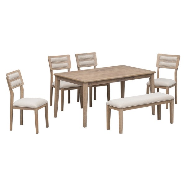 Wooden 6-Piece Dining Table Set， Rectangular Kitchen Dining Table and 4 Upholstered Chairs， 1 Bench for Dining Room