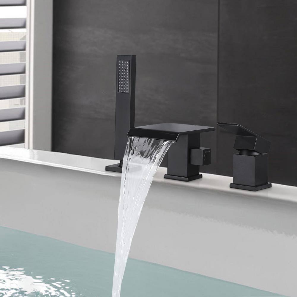 Tomfaucet Single-Handle Tub Deck Mount Roman Tub Faucet with Hand Shower in Matte Black TFB1057MB