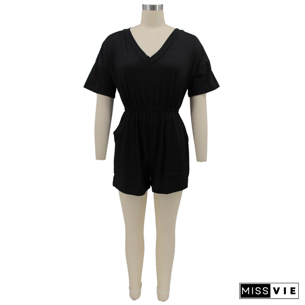 V-neck Solid Color Short Sleeve Casual Rompers