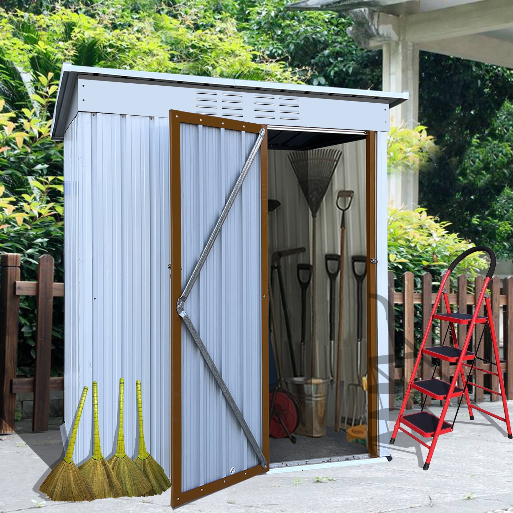 5x3 FT Outdoor Storage Shed, Galvanized Steel Garden Shed with Lockable Door for Bike, Tool, Lawnmower, Metal Lawn Backyard Sheds, Patio Outdoor Storage, White Brown