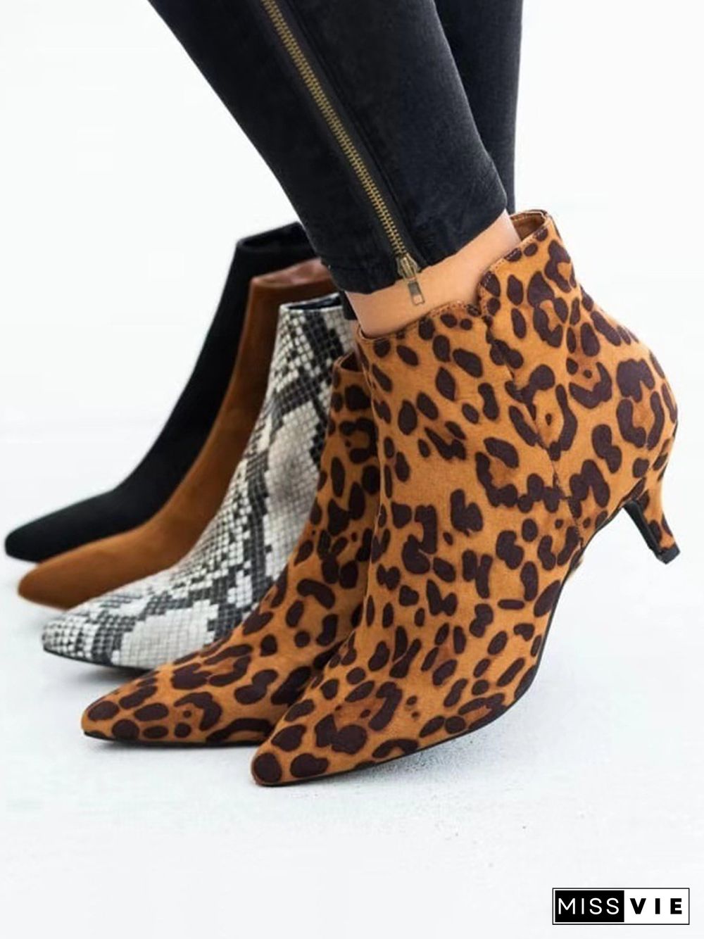 Leopard Snake Print Zipper Pointed Toe Ankle Boots