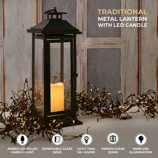 LUMABASE 6 in. x 17 in. Black Traditional Metal Lantern with LED Candle 90401