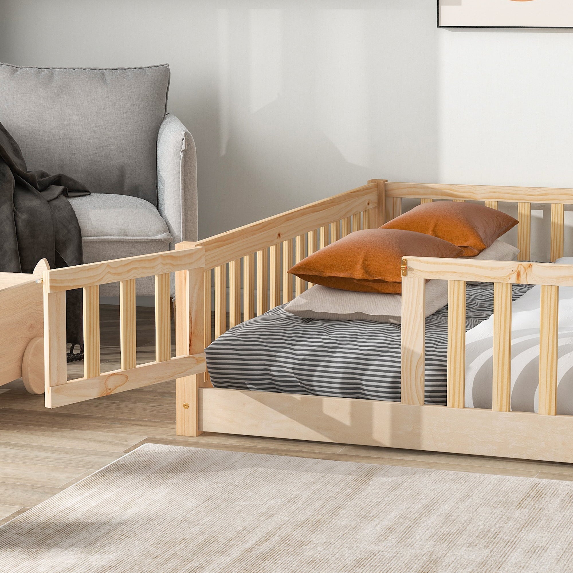 uhomepro Queen Size Wood Floor Bed Frame with Fence and Door for Kids, Toddlers, Natural