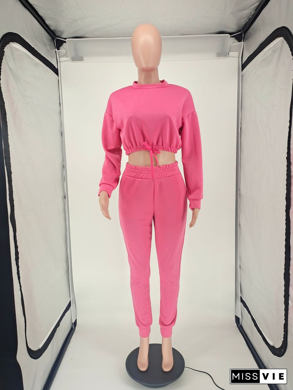 Solid Long Sleeve Crop Tops Joggers Pants Suit