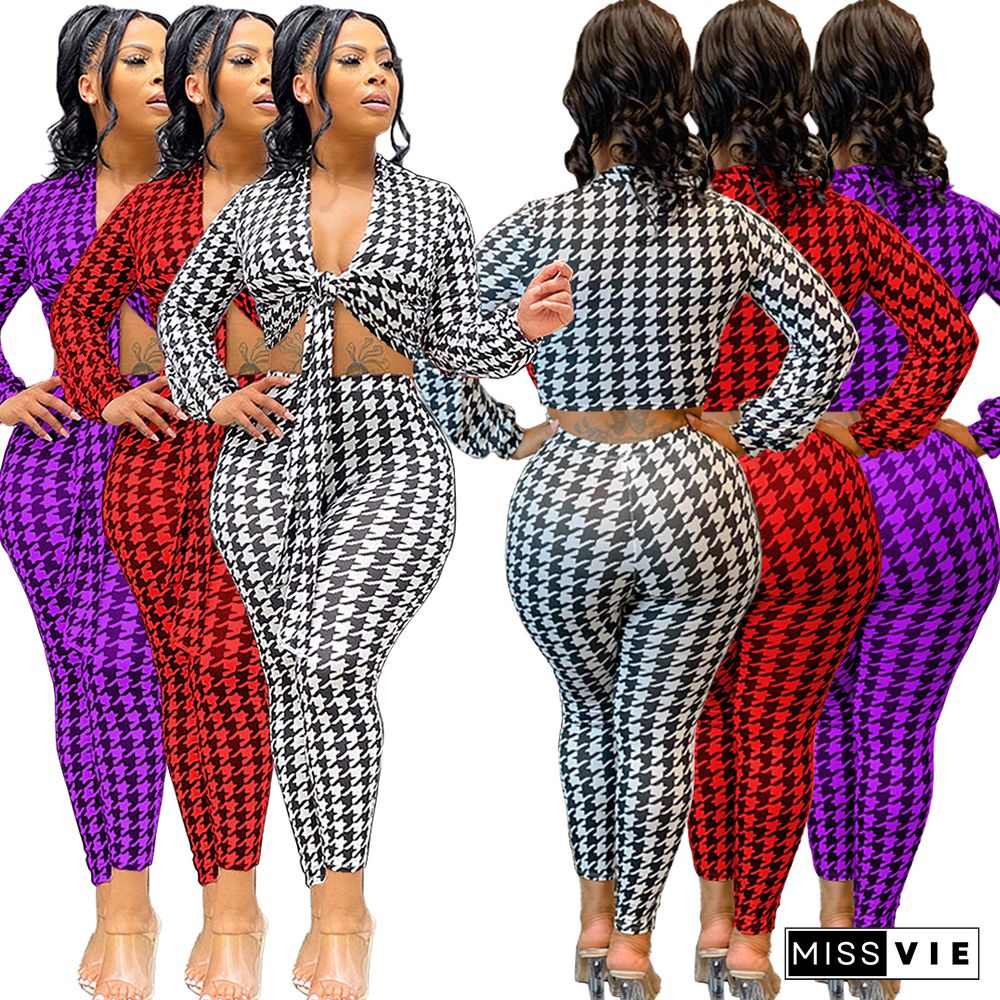 Houndstooth Print Bandage Crop Top Pants Set