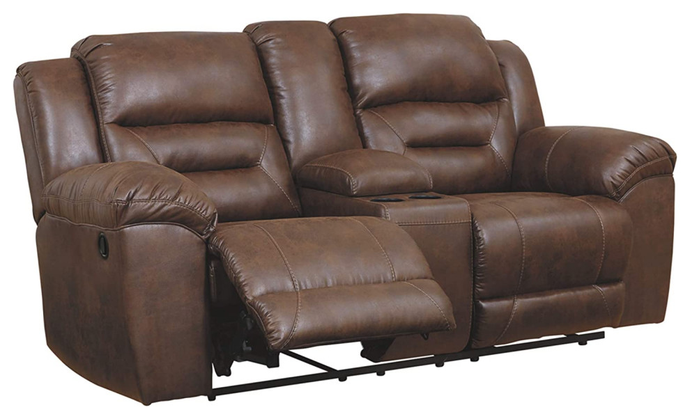 Comfortable Reclining Loveseat  Manual Design With Faux Leather Seat  Dark Brown   Contemporary   Loveseats   by Declusia  Houzz