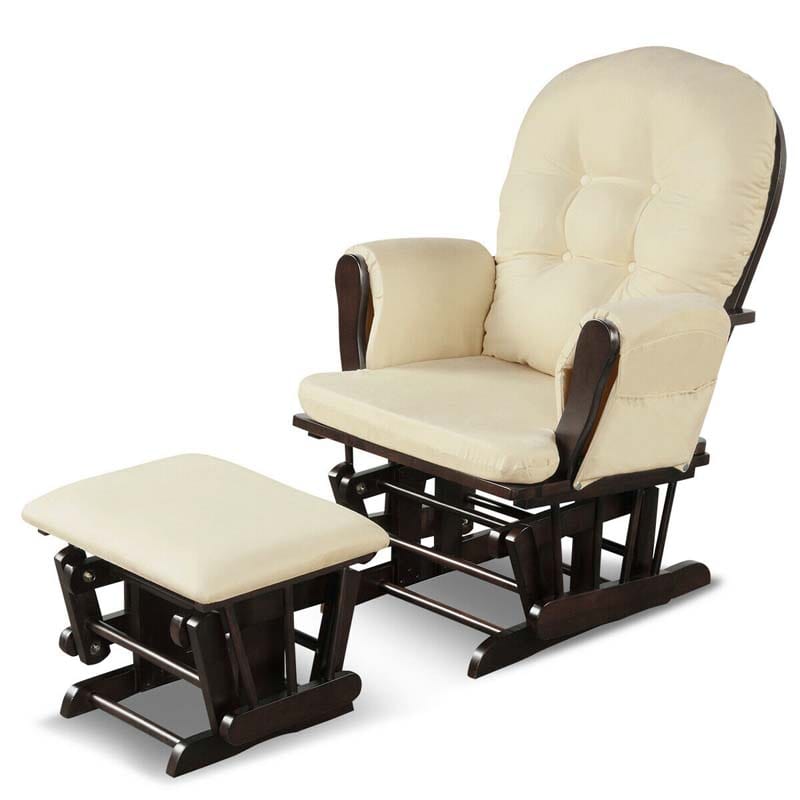 Glider Rocking Chair & Ottoman Set Solid Wood Baby Rocker Nursery Chair With Padded Cushions & Pockets