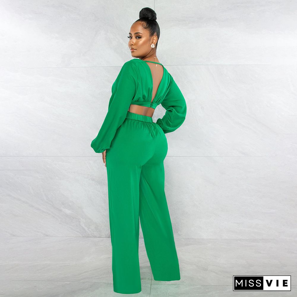 Deep V Neck Crop Top Wide Leg Pants Two Piece Set