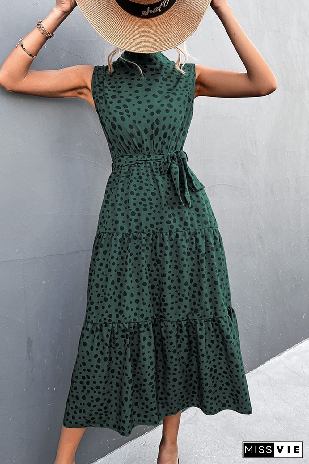 Sleeveless Leopard Printed Long Dress With Belt Wholesale