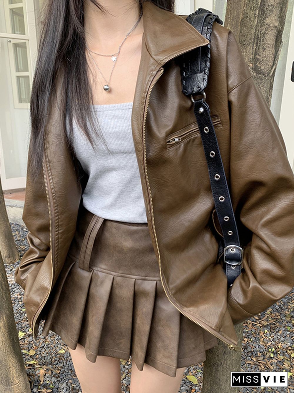 Vintage Brown Lapel Neck Zip Up Leather Jacket