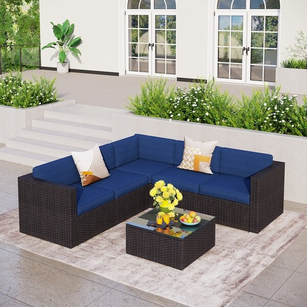 6Piece Outdoor Sectional Sofa Rattan Patio Furniture Set Conversation Set with Tea Table