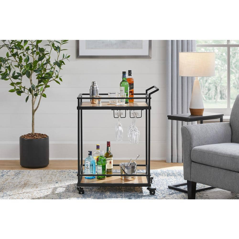 StyleWell Black Metal Bar Cart with Natural Wood Shelves (26 in. W) DC14-2732