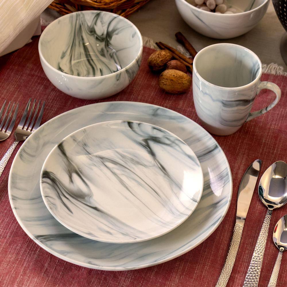 Elama 16-Piece Fine Marble Black and White Stoneware Dinnerware Set (Service for 4) 985114800M