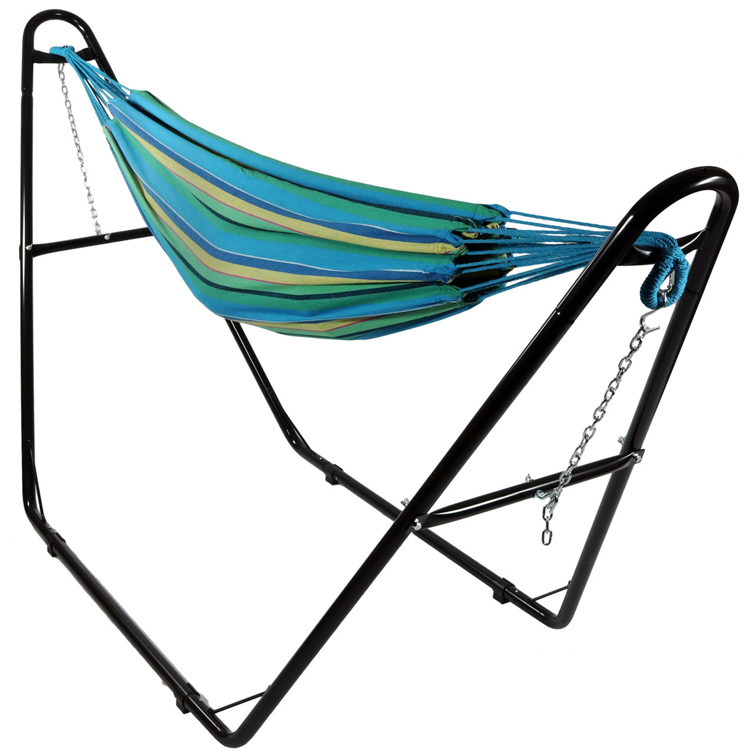 Sunnydaze Outdoor 2-Person Double Cotton Brazilian Hammock with Black Steel Universal Multi-Use Stand - Sea Grass