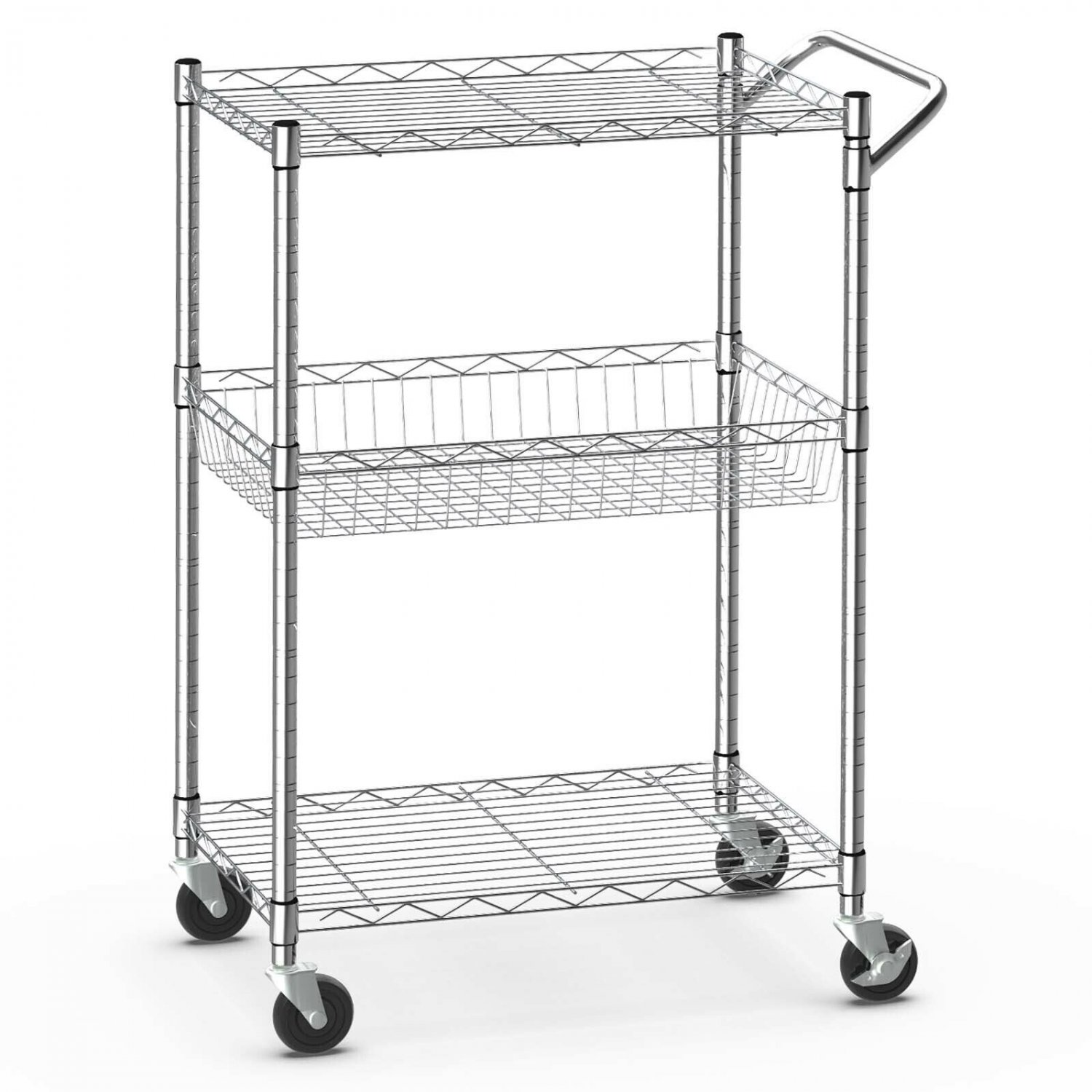 Goplus 3-Tier Utility Cart Heavy Duty Wire Rolling Cart Kitchen Storage Trolley