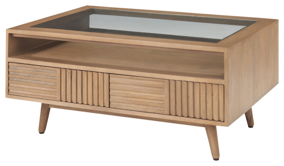 Sable Light Brown Solid Wood w/ Glass Top Coffee Table   Midcentury   Coffee Tables   by Mercana  Houzz