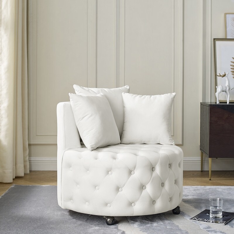 30 Round Velvet Swivel Chair with 3 Pillows and Button Tufted