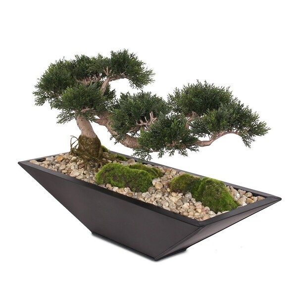 Artificial Large Cedar Bonsai，Moss，Natural Pebbles in Metal Zinc Pot