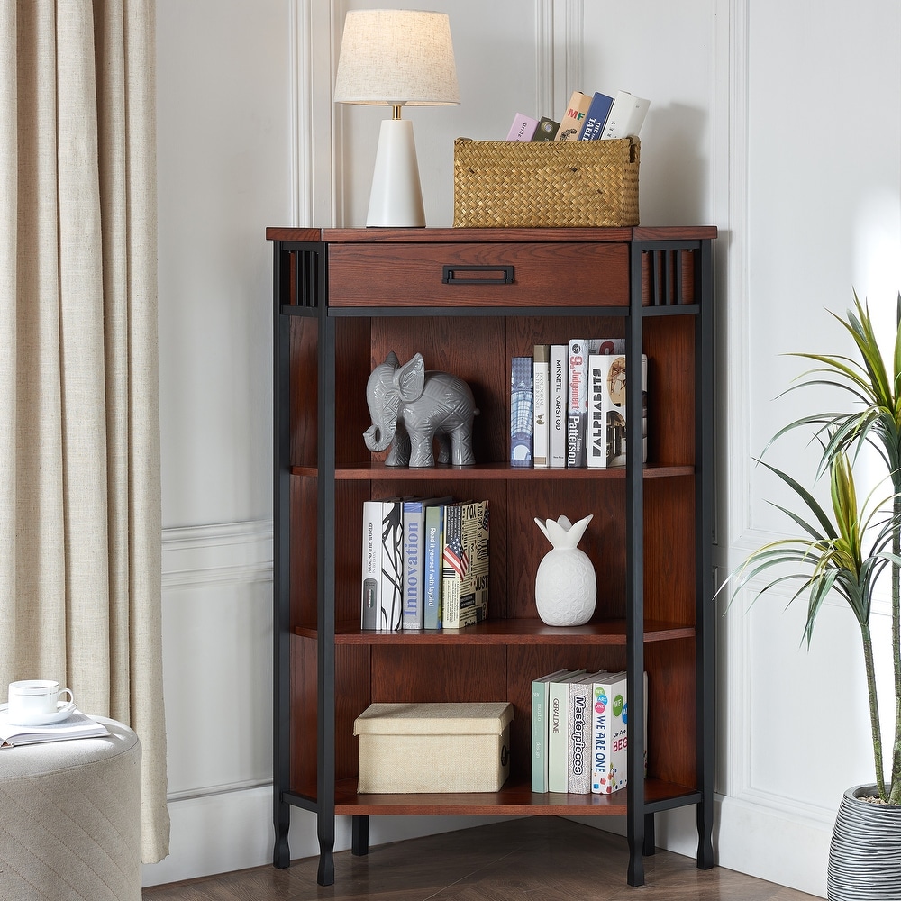 Leick Home Mission Mantel Height Corner Bookcase with Drawer Storage