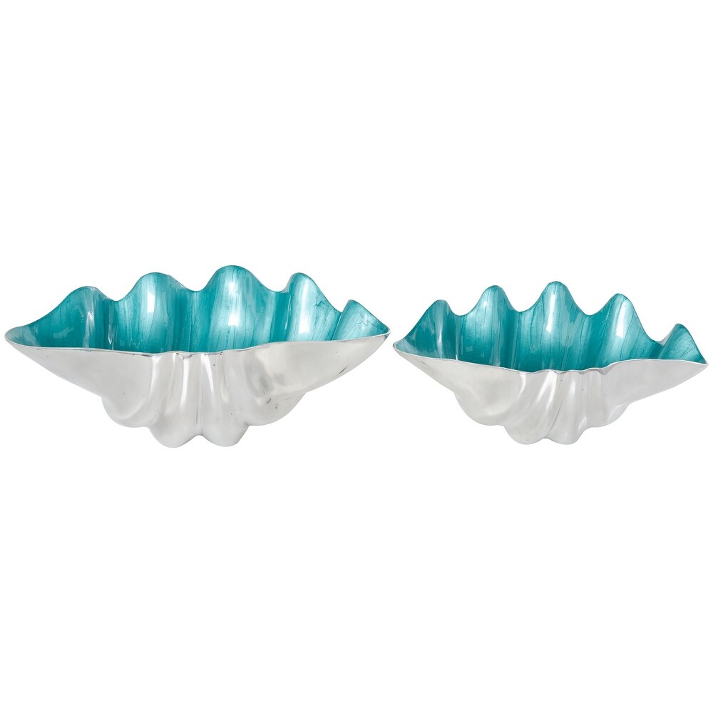 Blue or White Aluminum Enameled Shell Decorative Bowl with Silver Metal Exterior (Set of 2)