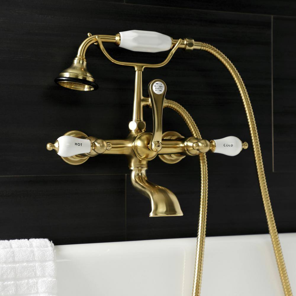 Kingston Brass Aqua Vintage 3-Handle 7 in. Wall Mount Claw Foot Tub Faucet with Hand Shower in Brushed Brass HAE555T7