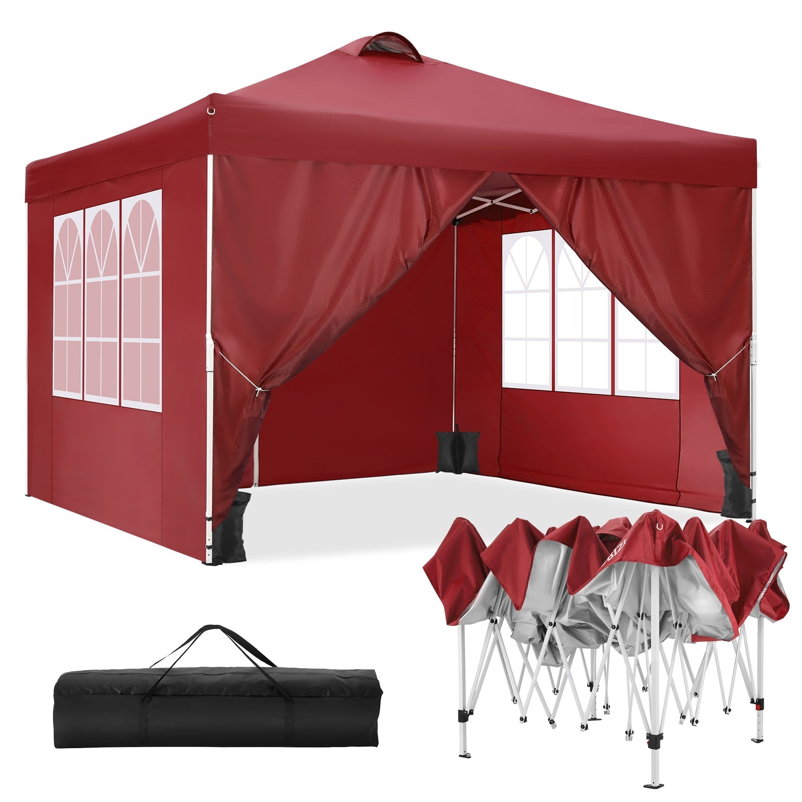 10' x 10' Straight Leg Pop-up Canopy Tent Easy One Person Setup Instant Outdoor Canopy Folding Shelter with 4 Removable Sidewalls, Air Vent on The Top, 4 Sandbags, Carrying Bag, Red