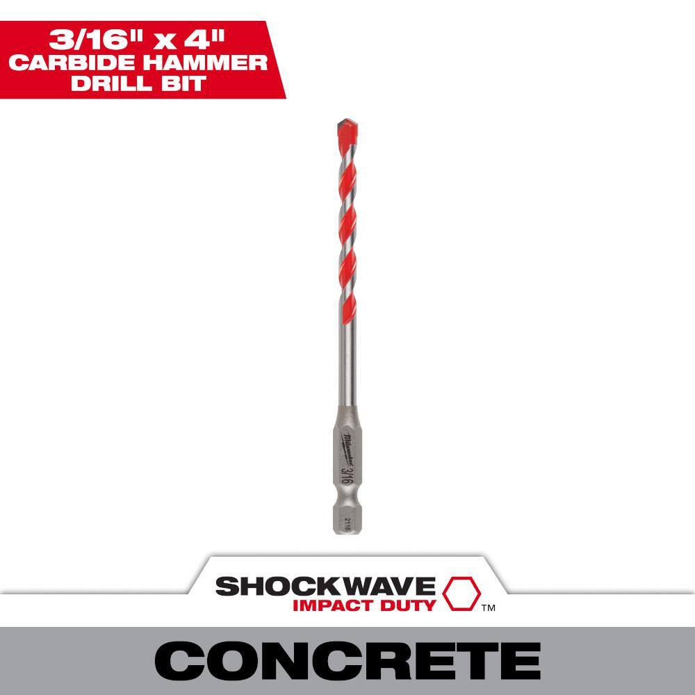 MW 316 in. x 2 in. x 4 in. SHOCKWAVE Carbide Hammer Drill Bit for Concrete Stone Masonry Drilling 48-20-9005