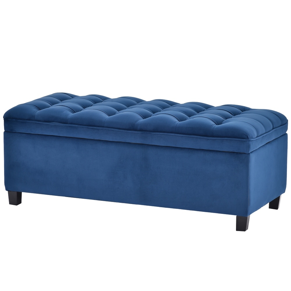 Blue Button Tufted Ottoman w/ Storage Bench Upholstered Fabrics