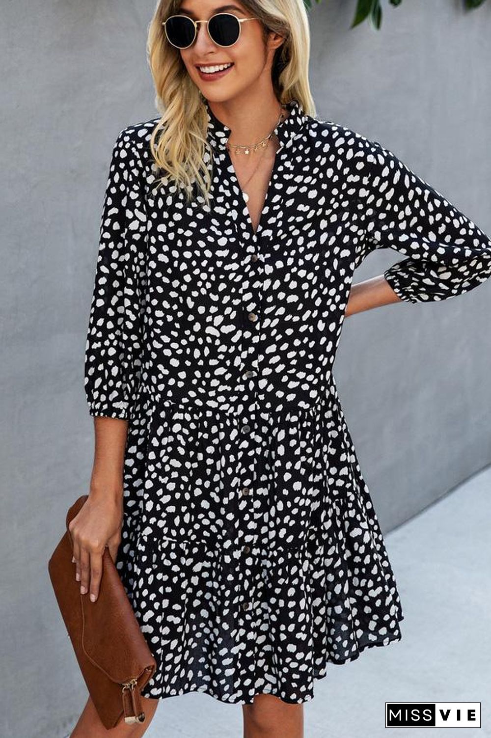 V Neck Dots Print Ruffled Mini Dress