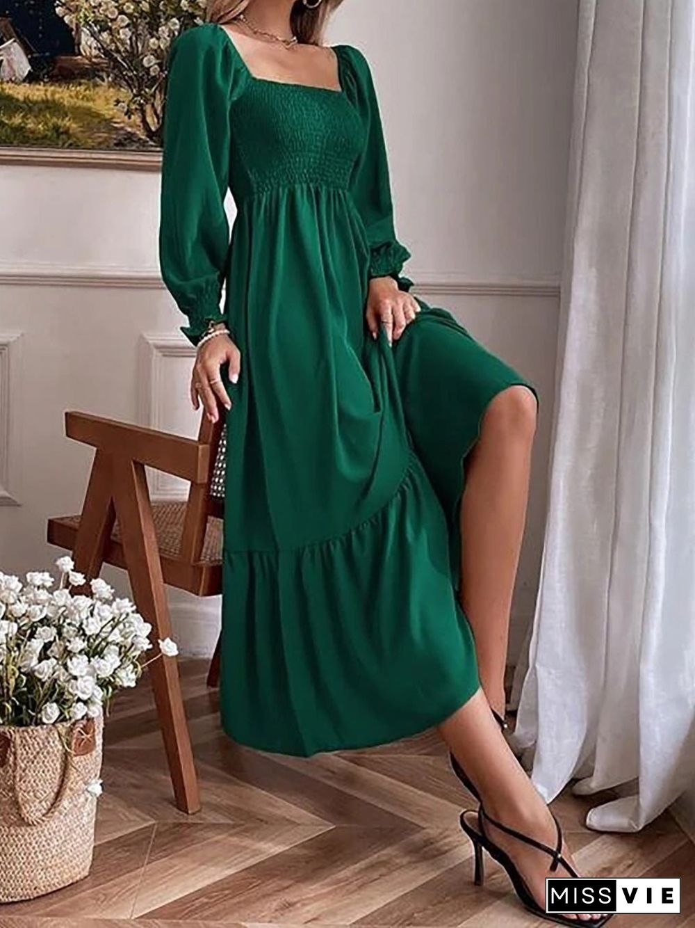 Women'S Dresses Square Neck High Waist Long Sleeve Ruffle Dress