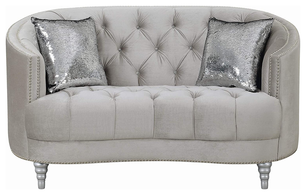 Contemporary Loveseat  Velvet Seat With Sloped Arms  ampJewelry Tufting  Grey   Midcentury   Sectional Sofas   by Declusia  Houzz