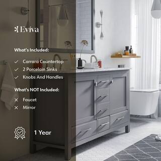 Eviva Aberdeen 48 in. W x 22 in. D x 34 in. H Double Bath Vanity in Gray with White Carrara Marble Top with White Sinks EVVN412-48GR-DS