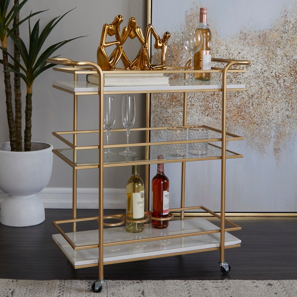 Gold Marble Rolling 1 Glass and 2 Marble Shelves Bar Cart with Handles   13.2 x 26.5 x 32.5