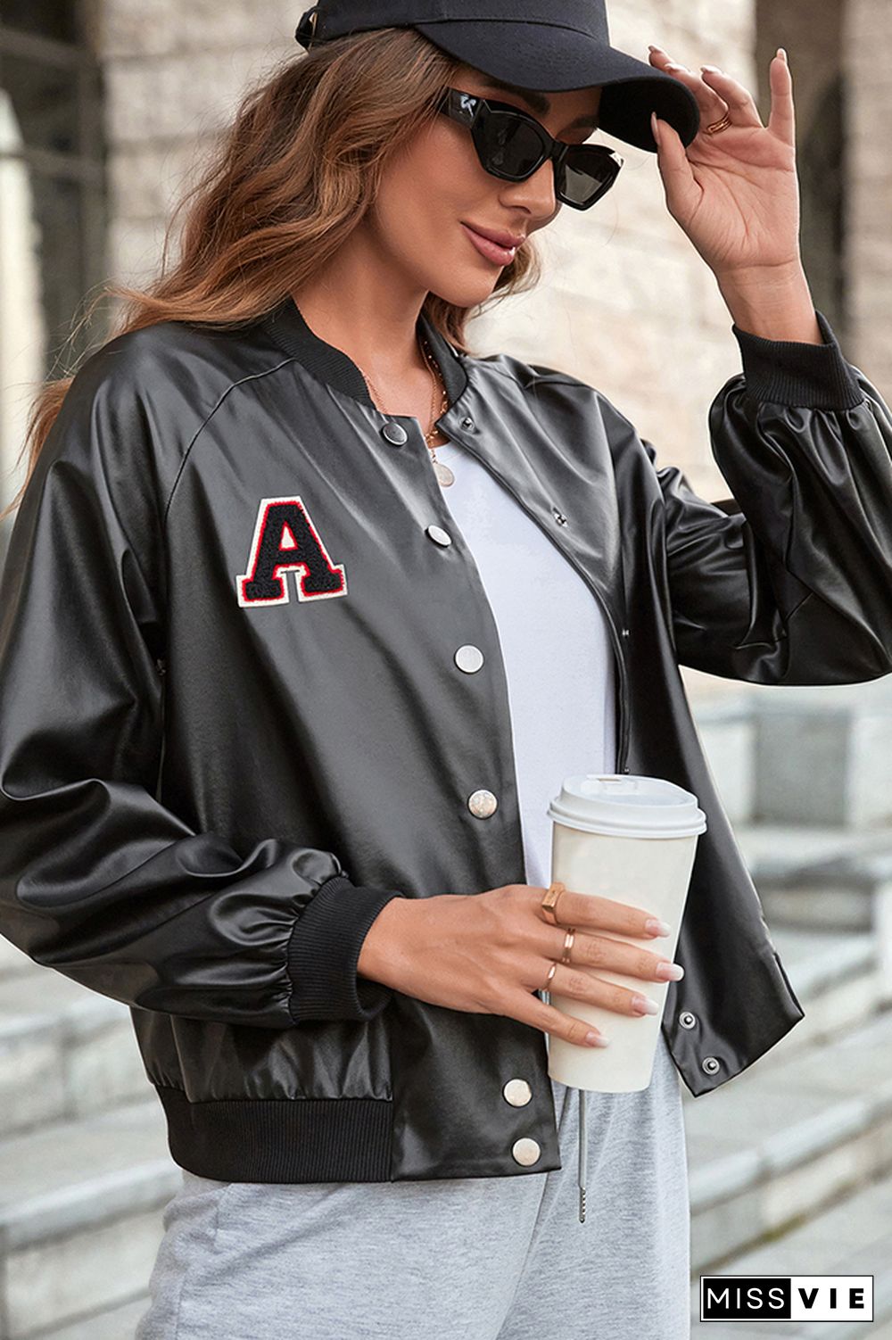 Black PU Letter Patchwork Snap Button Baseball Jacket