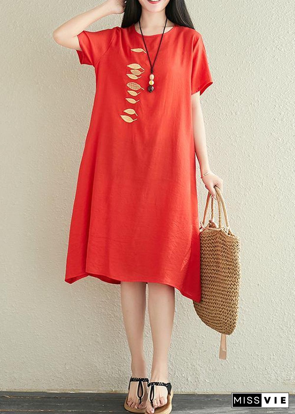 Modern red linen dress o neck embroidery Midi summer Dress