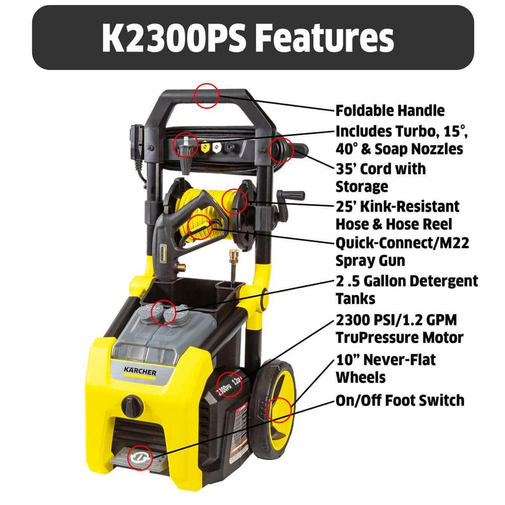 Karcher 2300 PSI 12 GPM K2300PS Electric Power Pressure Washer with Turbo 15Degree 40Degree and Soap Nozzles