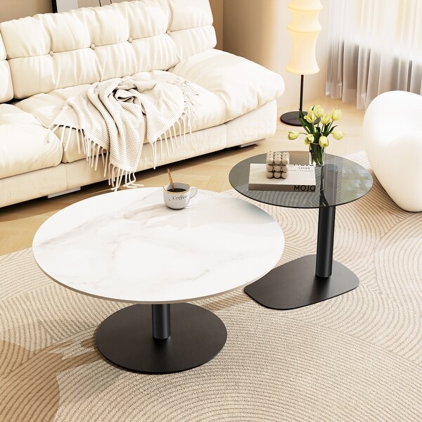 Round Nesting Coffee Table Set of 2 Modern Cocktail Table with Metal Frame for Living Room Small Spaces Bentley White and Grey