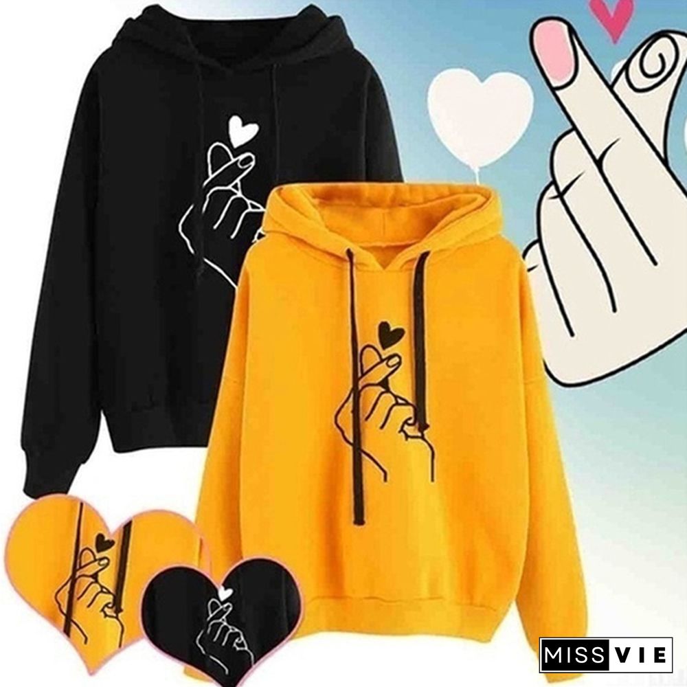 Women Hooded Sweater Casaul Printed Heart Long Sleeve Solid Color Hooded Finger Heart Hoodie Pullover Tops Hoodies Coat