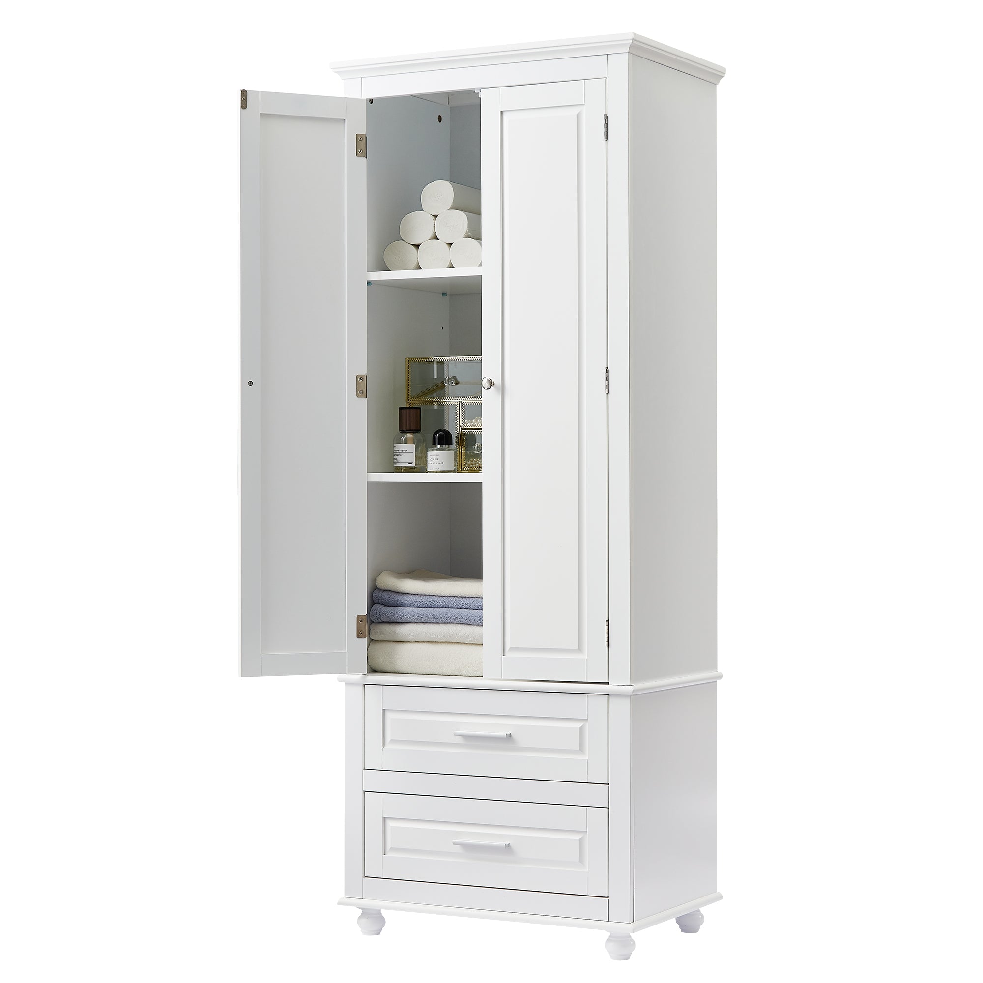 Bellemave Tall Storage Cabinet with Adjustable Shelves, Bathroom Cabinet, Wooden Storage Cabinet with 2 Drawers Storage Organizer Cupboard Floor Cabinet, White