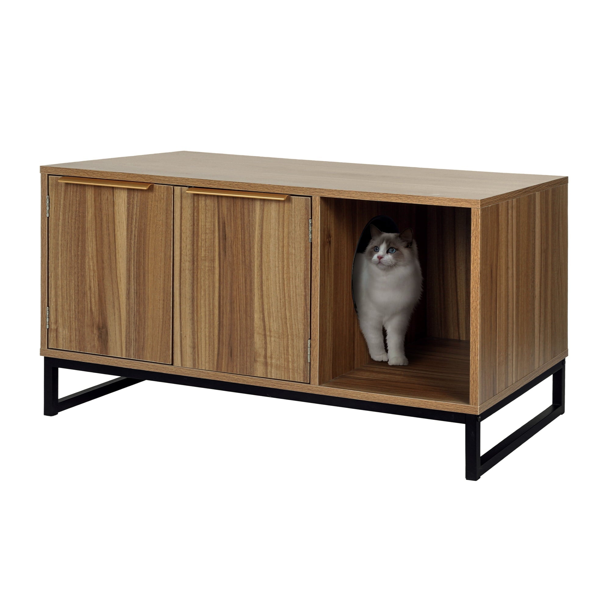 Ouyessir Cat Litter Box Enclosure, Cat House&TV Stand 2in1 Furniture,Wooden Hidden Cat Washroom Furniture with Double Doors and Metal legs