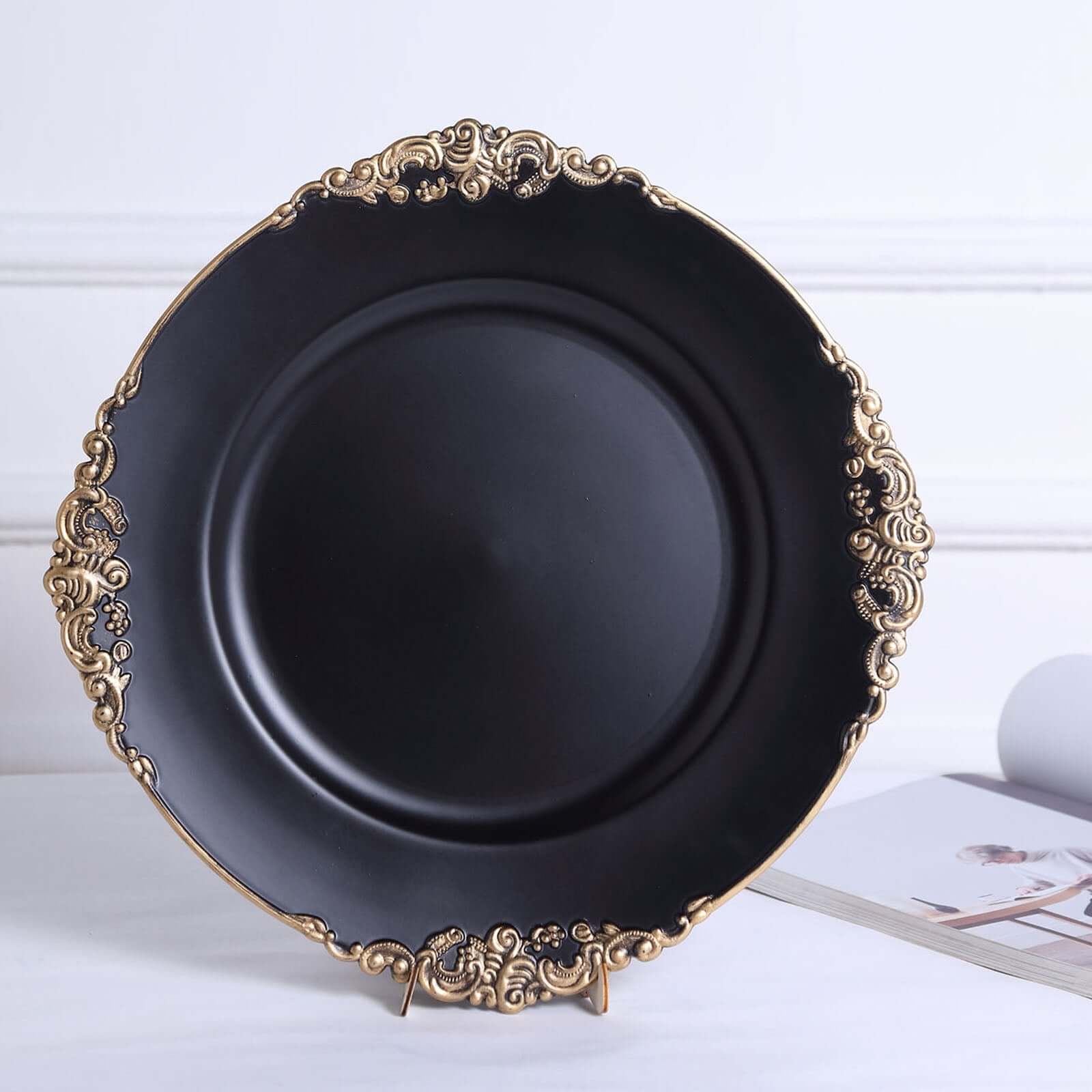 6 Pack Matte Black Gold Embossed Baroque Round Charger Plates With Antique Design Rim 13