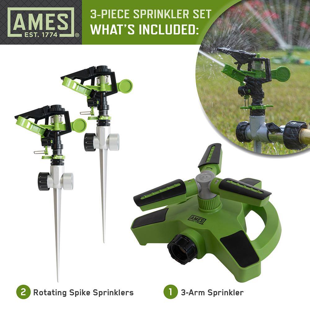 Ames 3-Piece Revolving Sprinkler Set with 2 Pulsating Spike Style and one 3-Arm Rotating Sprinkler System 20216900