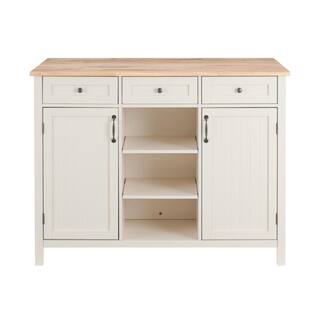 StyleWell Bainport Ivory Wooden Kitchen Island with Natural Butcher Block Top and Storage (48