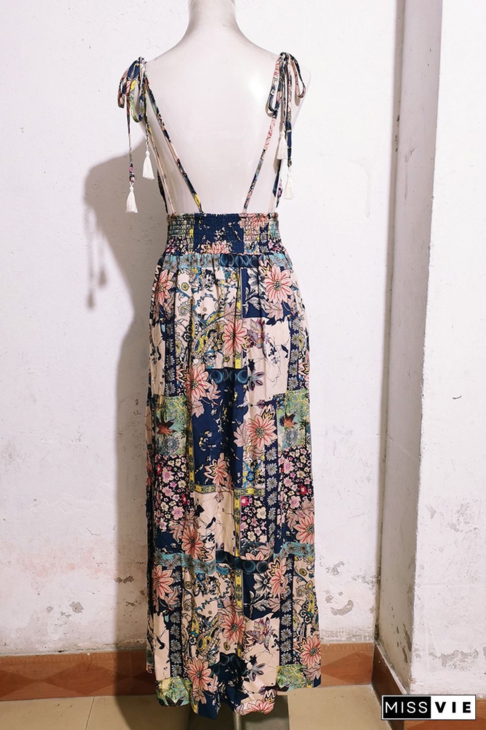 Deep V Printed High Waist Backless Spaghetti Strap Maxi Dress