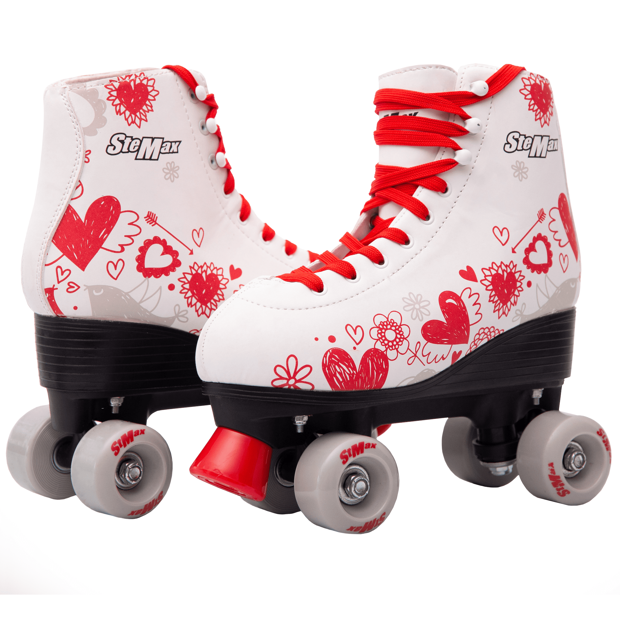 Quad Roller Skates for Girls and Women size 7.5 Adult White and Red Heart Outdoor Indoor and Rink Skating Classic Hightop Fashionable Design