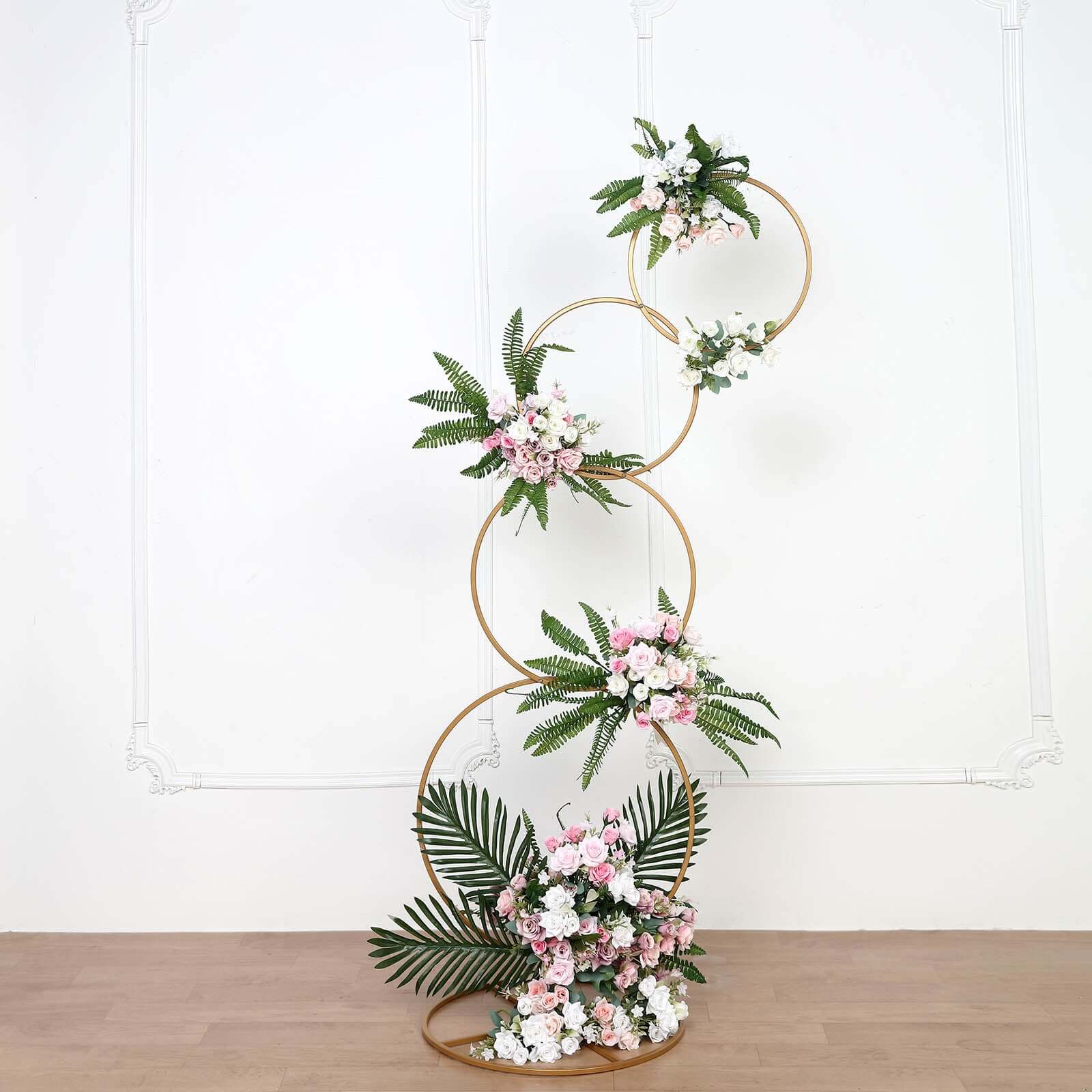 4-Tiered Gold Hoop Pillar Flower Stand, Metal Wedding Arch Table Centerpiece - Hoop Wreath 5ft