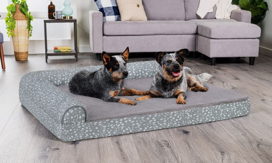 FurHaven Plush Fur and Almond Print Memory Foam Top Deluxe L-Chaise Sofa Cat and Dog Bed